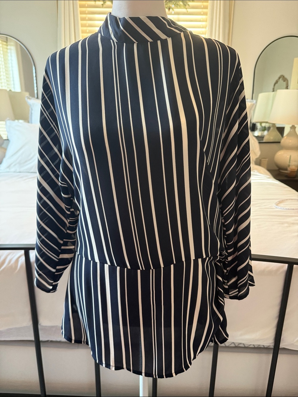 Vince Camuto Gorgeous Navy and Ivory Vertical Stripe Blouse